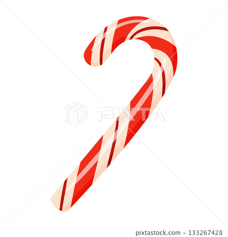 Traditional candy cane with slanted red and light pink stripes. flat vector illustration. Traditional candy cane with slanted red and light pink stripes. flat vector illustration. 133267428