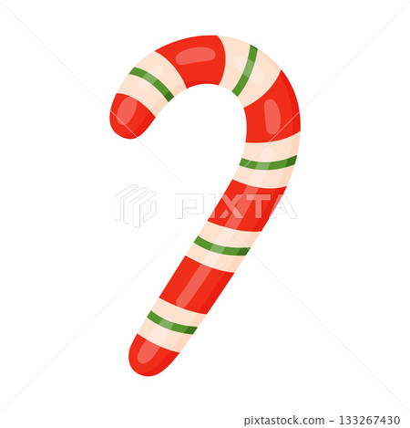 Traditional candy cane with red, white, and green stripes. Colorful flat style 133267430
