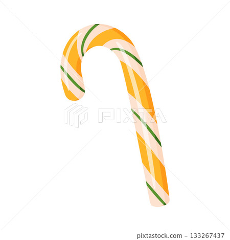 candy cane with yellow, white, and green stripes. Colorful flat style vector illustration. candy cane with yellow, white, and green stripes. Colorful flat style vector illustration. 133267437