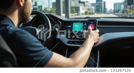 Connected Car Technology - Driver Using Infotainment System to Access Navigation and Entertainment A driver is interacting with the infotainment 133267520