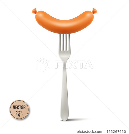 Vector 3d Sausage on Fork, Isolated. Grilled Sausage with Metal Fork. Hot Dog Sausage Food Icon for Menu, Cafe, BBQ, Street Food, Butcher Shop, Oktoberfest, Packaging, Label, Recipe, Cooking 133267630