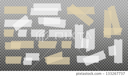 Scotch tape. Sticky paper tape. Adhesive Transparent sticky stripe. Sticker for collage, fixing photo notes. Vector Scotch tape. Sticky paper tape. Adhesive Transparent sticky stripe. Sticker for collage, fixing photo notes. Vector 133267737