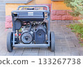 Business use mobile generator. Diesel power generator. Outdoor power supply generator placed on street sidewalk. Energy independence in city. 133267738