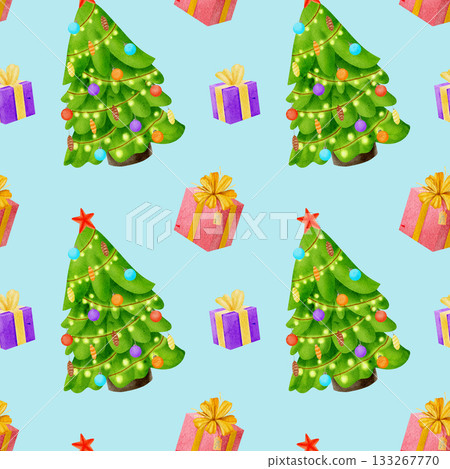 Seamless pattern, watercolor illustration, Christmas tree, gifts Seamless pattern, watercolor illustration, Christmas tree, gifts 133267770