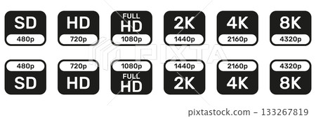 Video Resolution Icons Set. Digital Display Quality And Screen Resolution Symbol Collection. Multimedia And Technology Use. Screen Resolution Icons. Isolated Vector Illustration 133267819