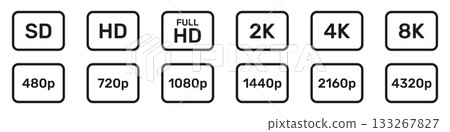 Video Resolution Icons Set. Display Quality And Screen Resolution Symbol Collection. Multimedia And Technology Use. Video Quality or Resolution Icons. Isolated Vector Illustration 133267827