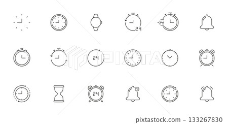 Clock And Timer Line Icon Set. Time Management, Alarm, And Stopwatch Outline Symbol Collection. Includes Hourglass, Bell, And 24-Hour Cycle. Editable Stroke. Isolated Vector Illustration 133267830