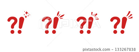 Red Question And Exclamation Marks Icon Set. Expression Of Surprise, Curiosity, And Emphasis Silhouette Symbol Collection. Communication And Emotion. Isolated Vector Illustration 133267838