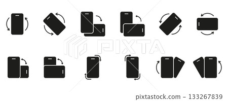 Mobile Device Screen Rotation Solid Icon Set. Smartphone Orientation Adjustment With Arrows Representing Motion, Usability and Interaction Silhouette Symbol Collection. Isolated Vector Illustration 133267839
