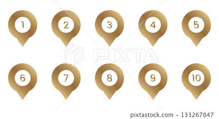 Numbered Gold Location Pin Icon Set. Sequential Numbering And Navigation Golden Marker Symbol Collection. Geolocation, Mapping, And Wayfinding Design Elements. Isolated Vector Illustration 133267847
