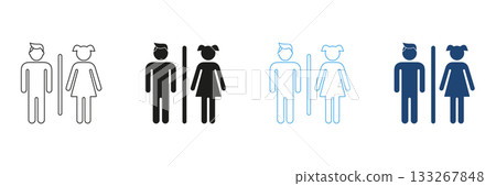 Male And Female Restroom Symbols Line And Solid Icon Set. Gender-Specific Bathroom Signage Outline And Silhouette Symbol Collection. Public Facility Identification. Isolated Vector Illustration 133267848