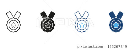 Medal With Star Line And Solid Icon Set. Achievement, Excellence, And Award Recognition Outline And Silhouette Symbol Collection. Honor And Success Concept. Isolated Vector Illustration 133267849