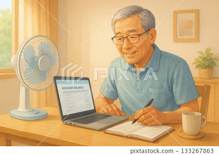 夏日午後，在風扇前整理家庭帳目 133267863