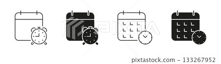 Calendar With Clock Solid Icon Set. Time Management, Scheduling, And Event Planning Outline And Silhouette Symbol. Efficient Organization And Deadline Tracking. Isolated Vector Illustration 133267952