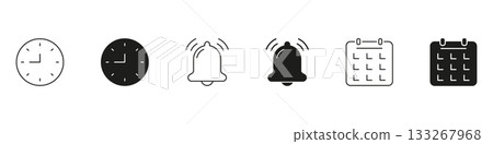 Clock, Bell, And Calendar Line And Solid Icon Set. Time Management, Reminder Notifications, And Scheduling Outline And Silhouette Symbol. Efficient Planning Tools. Isolated Vector Illustration Clock, Bell, And Calendar Line And Solid Icon Set. Time Management, Reminder Notifications, And Scheduling Outline And Silhouette Symbol. Efficient Planning Tools. Isolated Vector Illustration 133267968