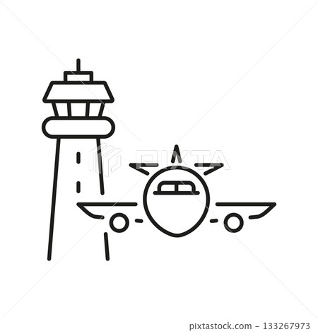 Airplane And Control Tower Line Icon. Aviation Management And Airport Operations Outline Symbol. Flight Coordination And Air Traffic Control. Editable Stroke. Isolated Vector Illustration Airplane And Control Tower Line Icon. Aviation Management And Airport Operations Outline Symbol. Flight Coordination And Air Traffic Control. Editable Stroke. Isolated Vector Illustration 133267973