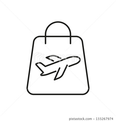 Shopping Bag With Airplane Line Icon. Travel Retail, Duty-Free Shopping, And Tourism Merchandise Outline Symbol. Airport Purchases. Editable Stroke. Isolated Vector Illustration 133267974