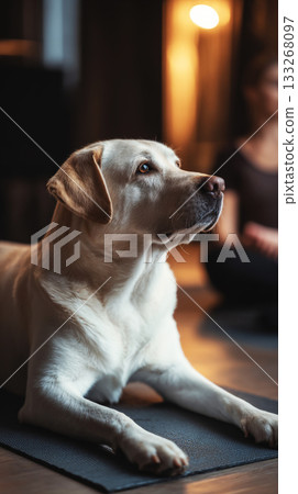 A Labrador lies comfortably on a mat, appearing relaxed after a training session. The setting is a cozy space, perfect for recovery and bonding with its owner A Labrador lies comfortably on a mat, appearing relaxed after a training session. The setting is a cozy space, perfect for recovery and bonding with its owner 133268097