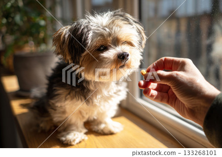 A young man holds a treat to guide a small dog balancing on a raised platform. The dog wobbles slightly but focuses intently on the reward during their training session 133268101