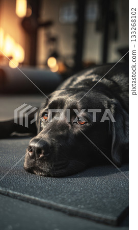 Labrador lies comfortably on a training mat after a session, looking relaxed with a peaceful expression. This moment captures the bond between fitness and pet wellness perfectly 133268102