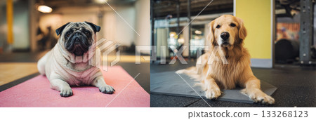 In a bright and spacious fitness center, a pug and a golden retriever relax on separate mats, showcasing their companionship during a wellness and training session, banner 133268123