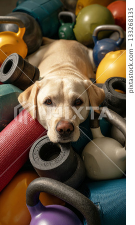 A cheerful Labrador rests on the floor surrounded by colorful gym equipment including dumbbells, kettlebells, and yoga mats while promoting healthy living and therapy 133268135
