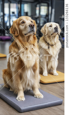 Two golden retrievers participate in a fitness session at a vibrant indoor dog training studio, focusing on balance and exercise to enhance their mobility and well-being 133268136