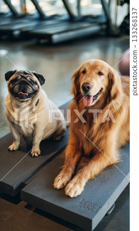 A pug and a golden retriever sit on their respective mats in a contemporary indoor fitness area designed for canine training and rehabilitation. The setting promotes healthy interaction A pug and a golden retriever sit on their respective mats in a contemporary indoor fitness area designed for canine training and rehabilitation. The setting promotes healthy interaction 133268137
