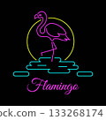 Summer time with flamingo on dark bricks background, refection neon pink. Trendy vacation holiday background 133268174