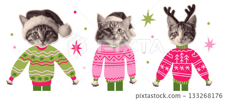 Whimsical set with Christmas cats wearing ugly sweaters. Halftone party kitty paper mixed media collage elements for funny greeting cards and posters. Vintage vector illustration. 133268176