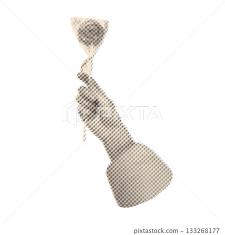 Female hand holding Christmas lollipop. Trendy retro element with a halftone effect for collage, poster, banner, cover design. 133268177
