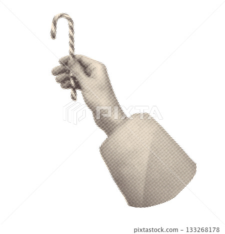 Trendy Christmas Collage element. Xmas candy cane in Halftone effect hand. Festive vector illustration. 133268178