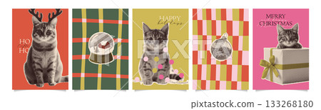 Cute set with funny Christmas posters with cute cats in antlers, string lights and gift box, vintage halftone collage style holiday greeting cards. Vector retro design with dopamine patterns. Cute set with funny Christmas posters with cute cats in antlers, string lights and gift box, vintage halftone collage style holiday greeting cards. Vector retro design with dopamine patterns. 133268180