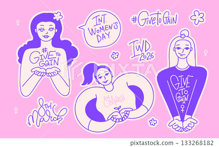 Doodle line cartoon stickers set for 2026 International Women Day for planners, notebooks. Give to Gain campaign. List of feminism positive hand drawn lady characters, GiveToGain lettering. Doodle line cartoon stickers set for 2026 International Women Day for planners, notebooks. Give to Gain campaign. List of feminism positive hand drawn lady characters, GiveToGain lettering. 133268182