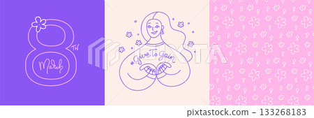 Happy International Women s Day greeting cards set on theme of GiveToGain. Square covers with minimalist female character, floral seamless pattern. Vector Happy International Women s Day greeting cards set on theme of GiveToGain. Square covers with minimalist female character, floral seamless pattern. Vector 133268183