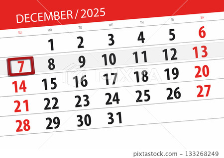 Calendar 2025, deadline, day, month, page, organizer, date, December, sunday, number 7 133268249