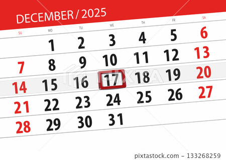 Calendar 2025, deadline, day, month, page, organizer, date, December, wednesday, number 17 133268259