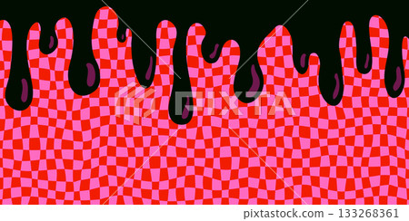 Psychedelic checker background with red and pink warped squares and black dripping paint in a groovy style. Psychedelic checker pattern with bold paint accents. Ideal for posters and covers 133268361