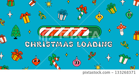 Christmas groovy countdown bar with candy cane stripe progress and playful holiday icons on a bright blue background. Festive loading screen design for cheerful xmas banners and vector projects Christmas groovy countdown bar with candy cane stripe progress and playful holiday icons on a bright blue background. Festive loading screen design for cheerful xmas banners and vector projects 133268371