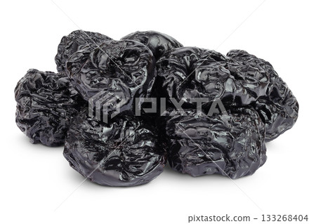 Prunes isolated on white background, heap of dried plums Prunes isolated on white background, heap of dried plums 133268404