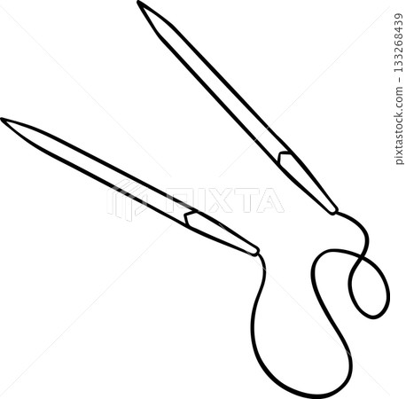 Doodle style illustration of a circular knitting needles, simple black and white sketch icon. Hand-drawn yarn tool perfect for knitting projects and handmade craft themes 133268439