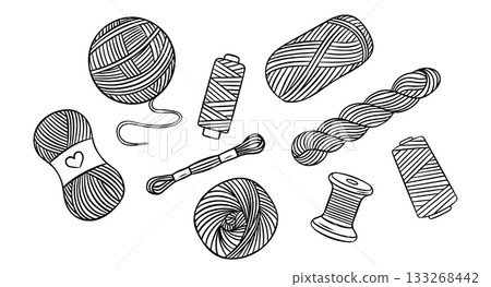 vector set, threads and yarn for knitting and embroidery, simple black and white icon, doodle and sketch style, illustration of basic sewing accessories for knitting and craft supply concepts 133268442