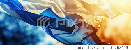 Abstract blue and white airy fabric background with Finnish flag motif for Independence Day horizontal banner. Elegant design, copy space, free space for text Abstract blue and white airy fabric background with Finnish flag motif for Independence Day horizontal banner. Elegant design, copy space, free space for text 133268449