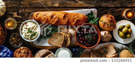 Finnish Independence Day celebration table set with classic national cuisine and traditional holiday decorations. Elegant festive arrangement with cultural authenticity 133268451