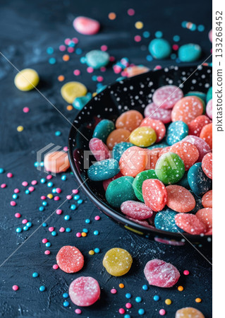 Colorful candy in a black bowl with sprinkles scattered on a dark surface. The candies are round and come in various pastel colors 133268452