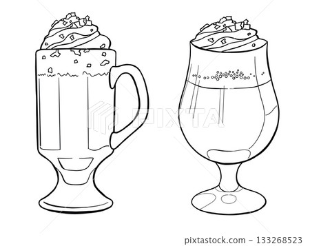 Irish coffee cocktail set. Hand drawn vintage doodle vector drink illustration. Caffeine hot beverage black Irish coffee cocktail set. Hand drawn vintage doodle vector drink illustration. Caffeine hot beverage black 133268523