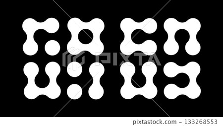 Metaball white icons. Connected dots flat signs. Integration abstract symbols. Circles simple pattern. Point movement. Connected blobs. Metaballs transition. Set of logos. 133268553
