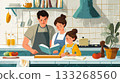 A happy family with daughter in the kitchen cooking together from a cookbook, cartoon style illustration. The concept of family breakfast, spending time together, parents and children 133268560