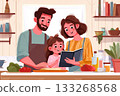 A happy family with daughter in the kitchen cooking together from a cookbook, cartoon style illustration. The concept of family breakfast, spending time together, parents and children 133268568
