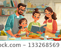 A happy family with children in the kitchen cooking together from a cookbook, cartoon style illustration. The concept of family breakfast, spending time together, parents and children 133268569